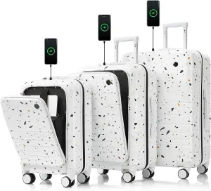 Hard Shell Luggage Sets 3 Piece with Charger USB Port, Smart Luggage with Cup Holder and Spinner Wheels, Carry on Suitcase for Women Men Travel, Lightweight, 20/24/28 Inch (Ivory)