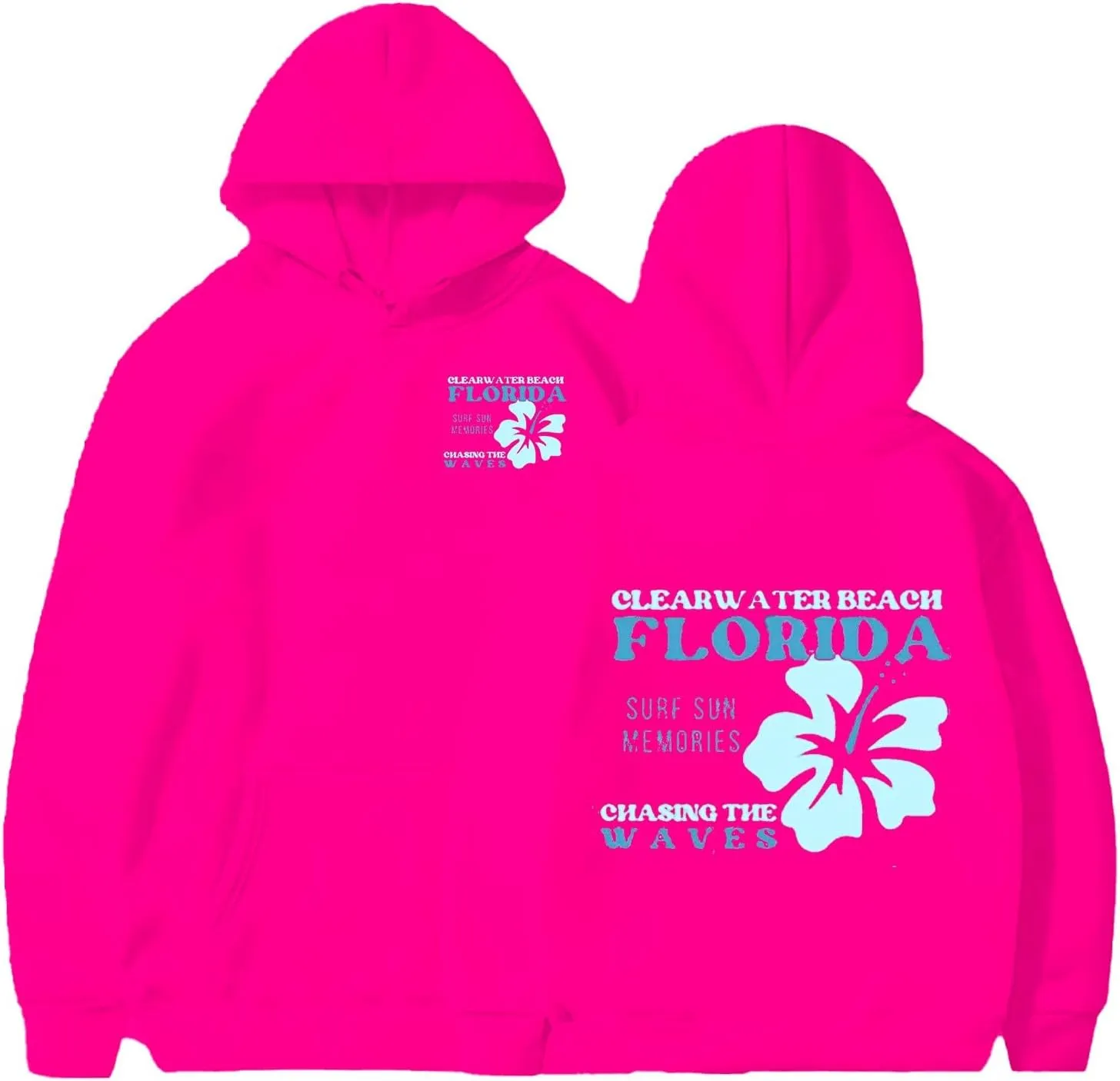 Heevina Pink Palm Puff Hoodie Hoodies For Women Clear Water Beach Florida Surf Sun Memories Chasing The Waves Hoodies