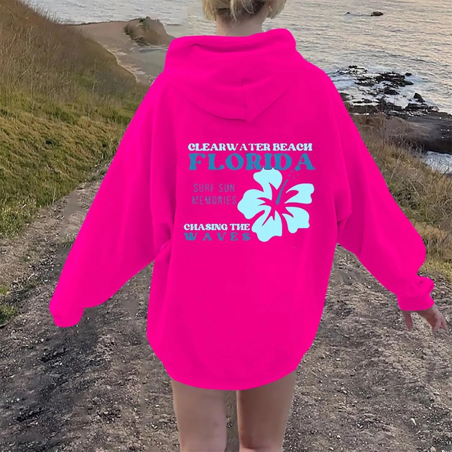 Heevina Pink Palm Puff Hoodie Hoodies For Women Clear Water Beach Florida Surf Sun Memories Chasing The Waves Hoodies