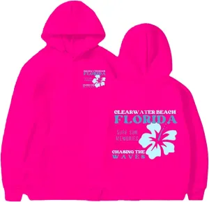 Heevina Pink Palm Puff Hoodie Hoodies For Women Clear Water Beach Florida Surf Sun Memories Chasing The Waves Hoodies