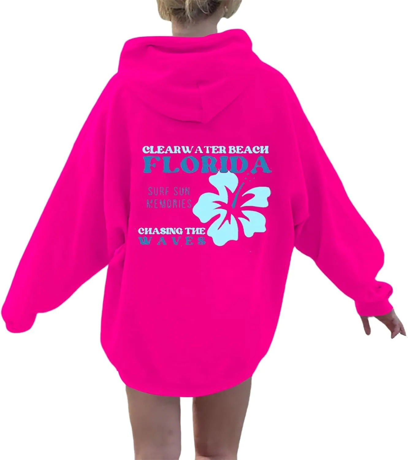 Heevina Pink Palm Puff Hoodie Hoodies For Women Clear Water Beach Florida Surf Sun Memories Chasing The Waves Hoodies