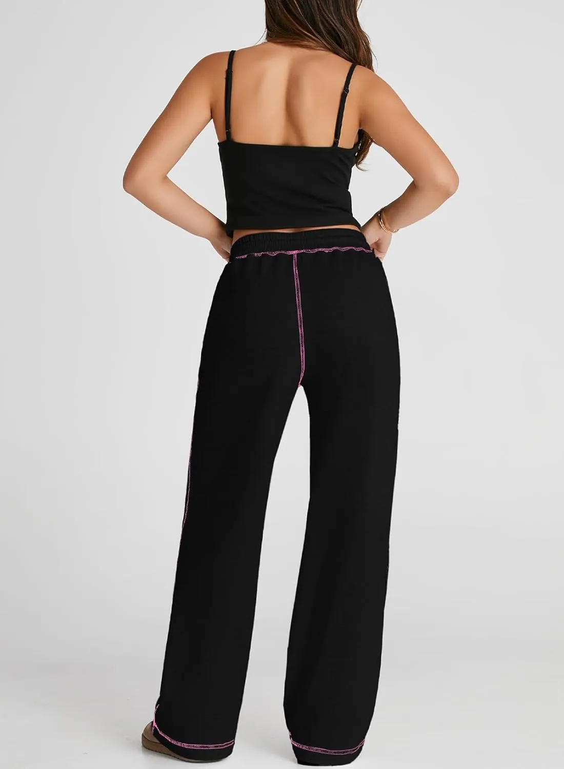 Herseas High Waisted Sweatpants for Women 2024 Fall Wide Leg Contrast Stitching Drawstring Loose Lounge Jogging Pants