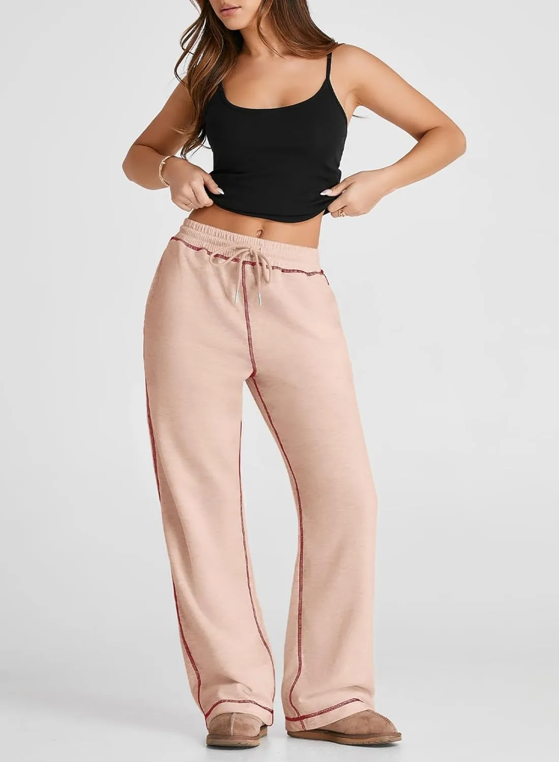 Herseas High Waisted Sweatpants for Women 2024 Fall Wide Leg Contrast Stitching Drawstring Loose Lounge Jogging Pants