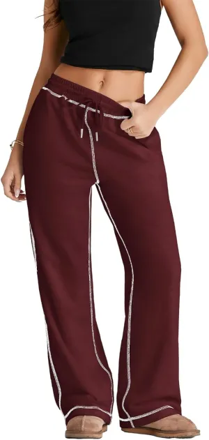 Herseas High Waisted Sweatpants for Women 2024 Fall Wide Leg Contrast Stitching Drawstring Loose Lounge Jogging Pants