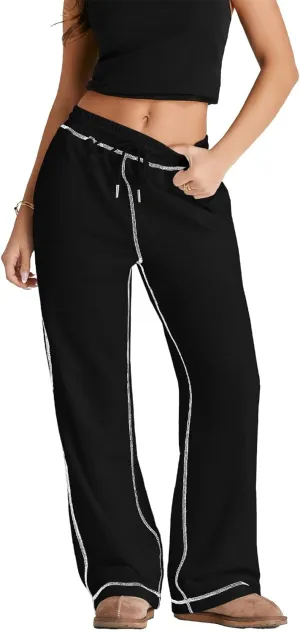 Herseas High Waisted Sweatpants for Women 2024 Fall Wide Leg Contrast Stitching Drawstring Loose Lounge Jogging Pants