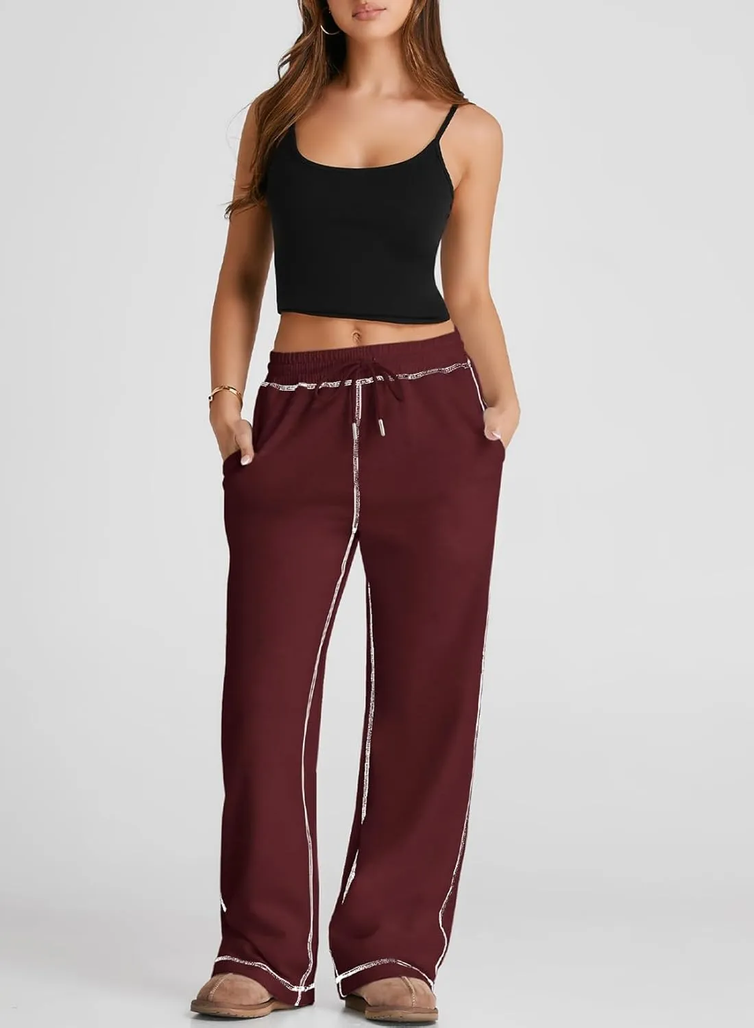 Herseas High Waisted Sweatpants for Women 2024 Fall Wide Leg Contrast Stitching Drawstring Loose Lounge Jogging Pants