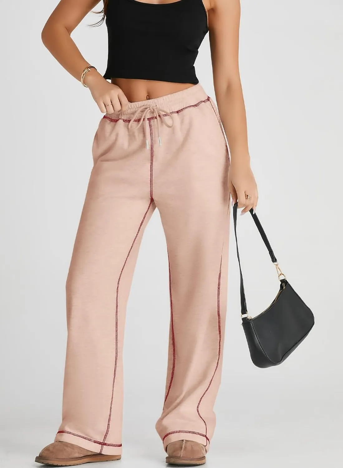 Herseas High Waisted Sweatpants for Women 2024 Fall Wide Leg Contrast Stitching Drawstring Loose Lounge Jogging Pants