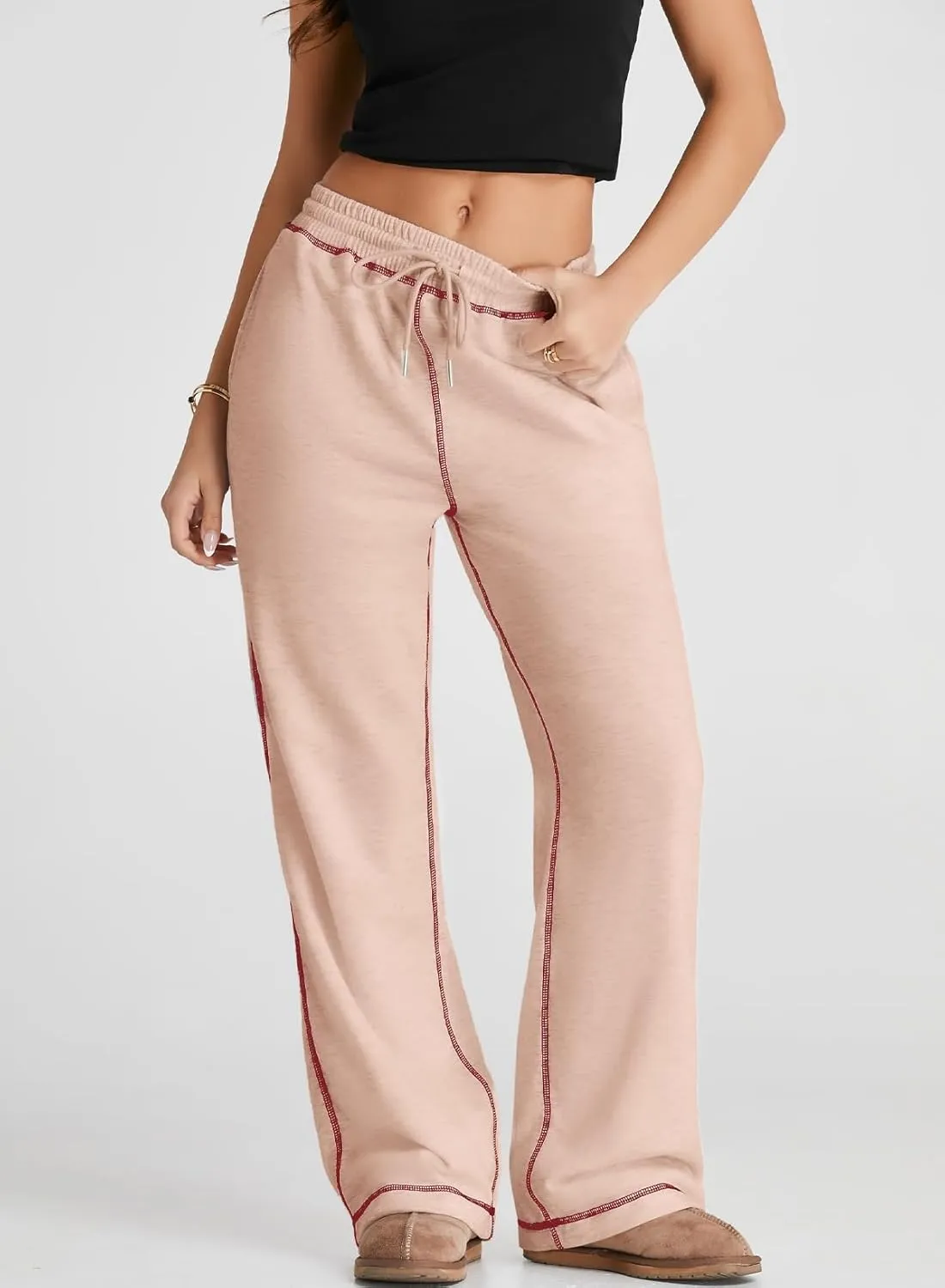 Herseas High Waisted Sweatpants for Women 2024 Fall Wide Leg Contrast Stitching Drawstring Loose Lounge Jogging Pants