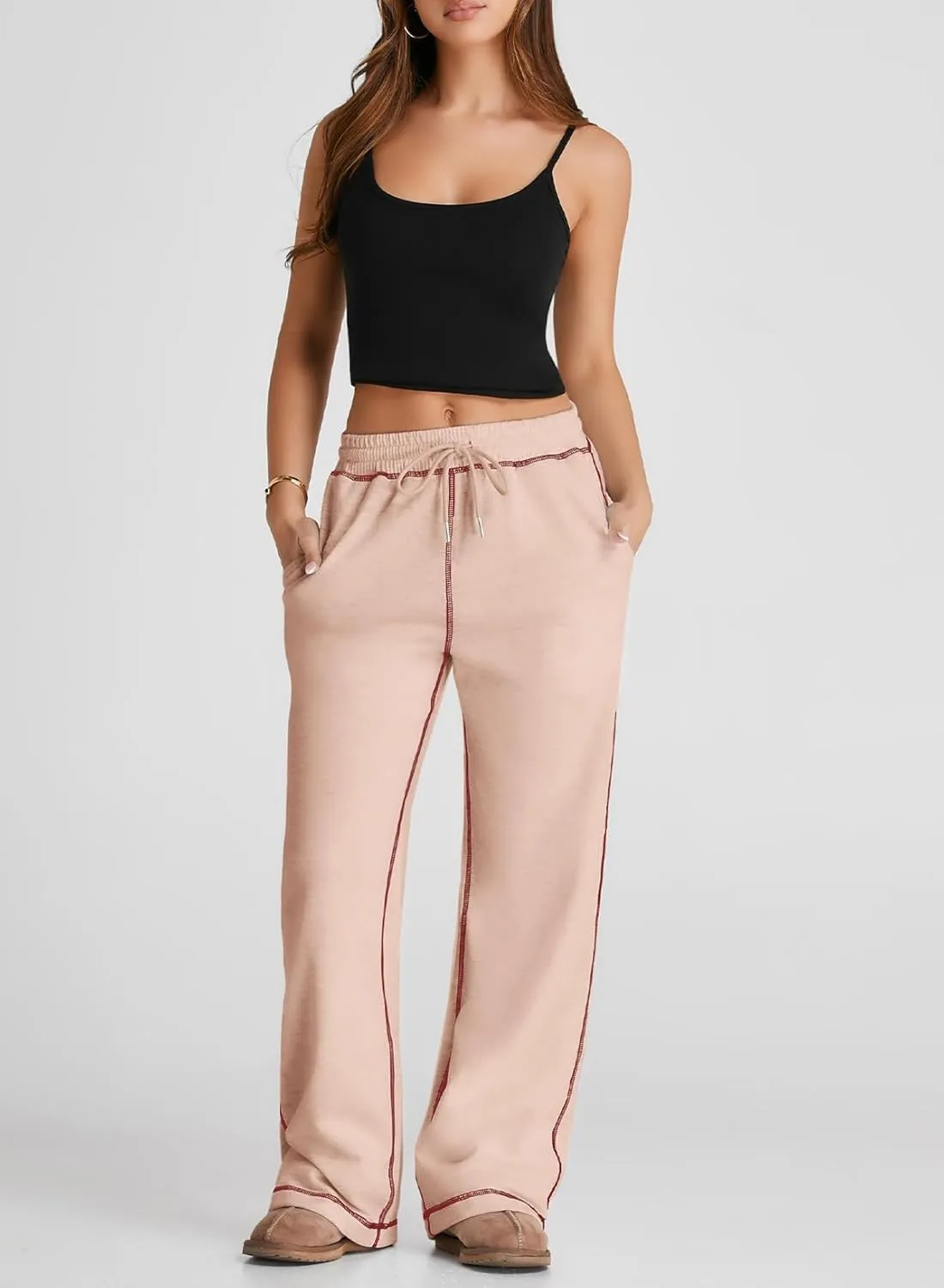 Herseas High Waisted Sweatpants for Women 2024 Fall Wide Leg Contrast Stitching Drawstring Loose Lounge Jogging Pants
