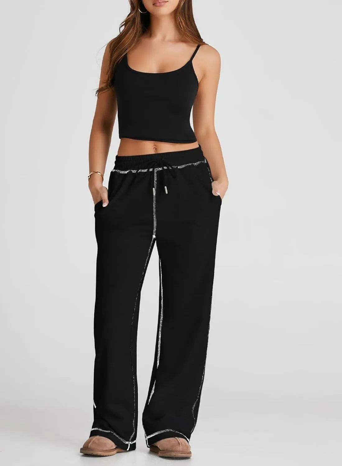 Herseas High Waisted Sweatpants for Women 2024 Fall Wide Leg Contrast Stitching Drawstring Loose Lounge Jogging Pants