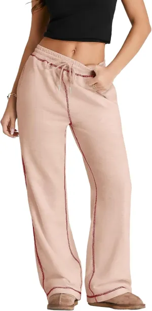 Herseas High Waisted Sweatpants for Women 2024 Fall Wide Leg Contrast Stitching Drawstring Loose Lounge Jogging Pants