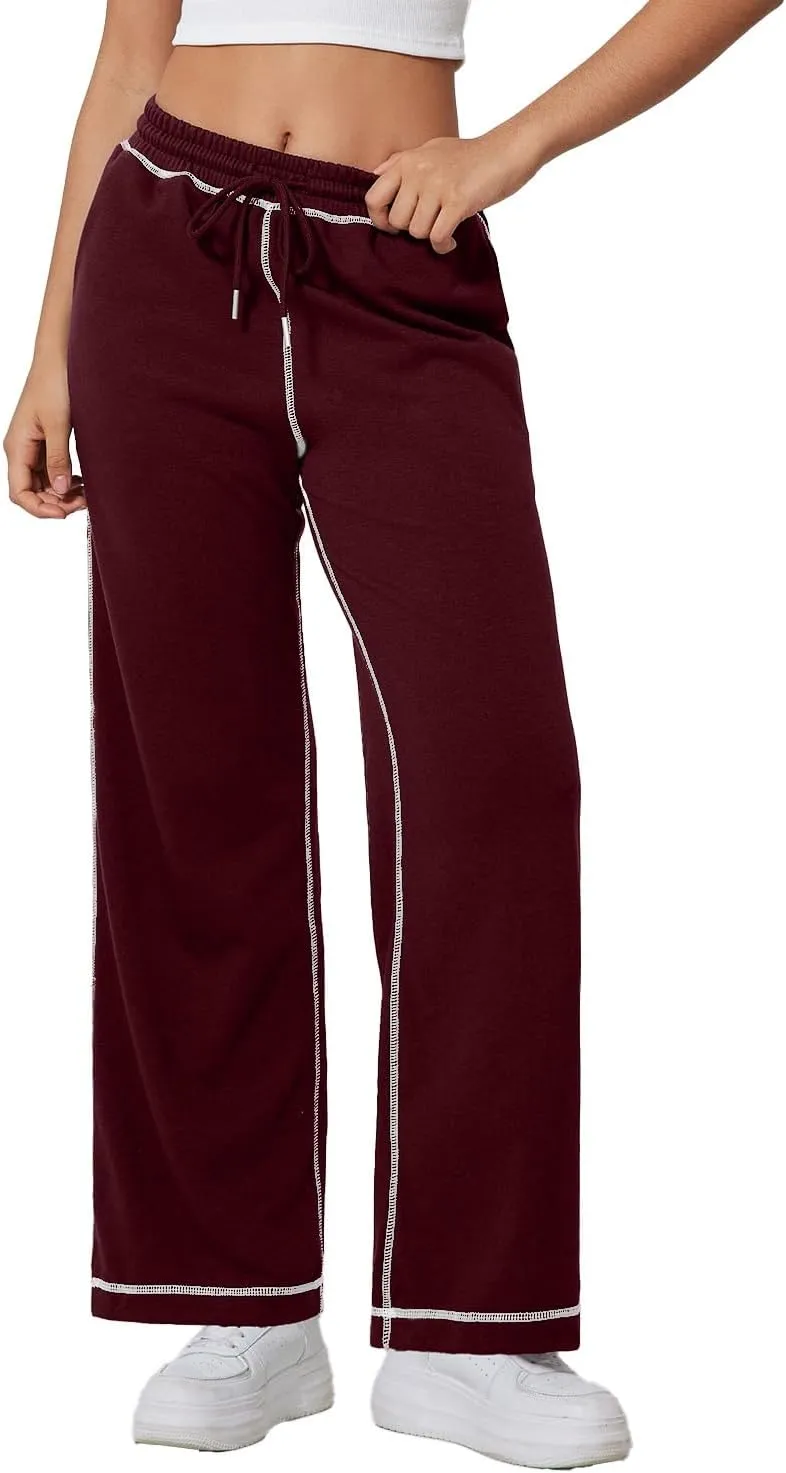 Herseas High Waisted Sweatpants for Women 2024 Fall Wide Leg Contrast Stitching Drawstring Loose Lounge Jogging Pants