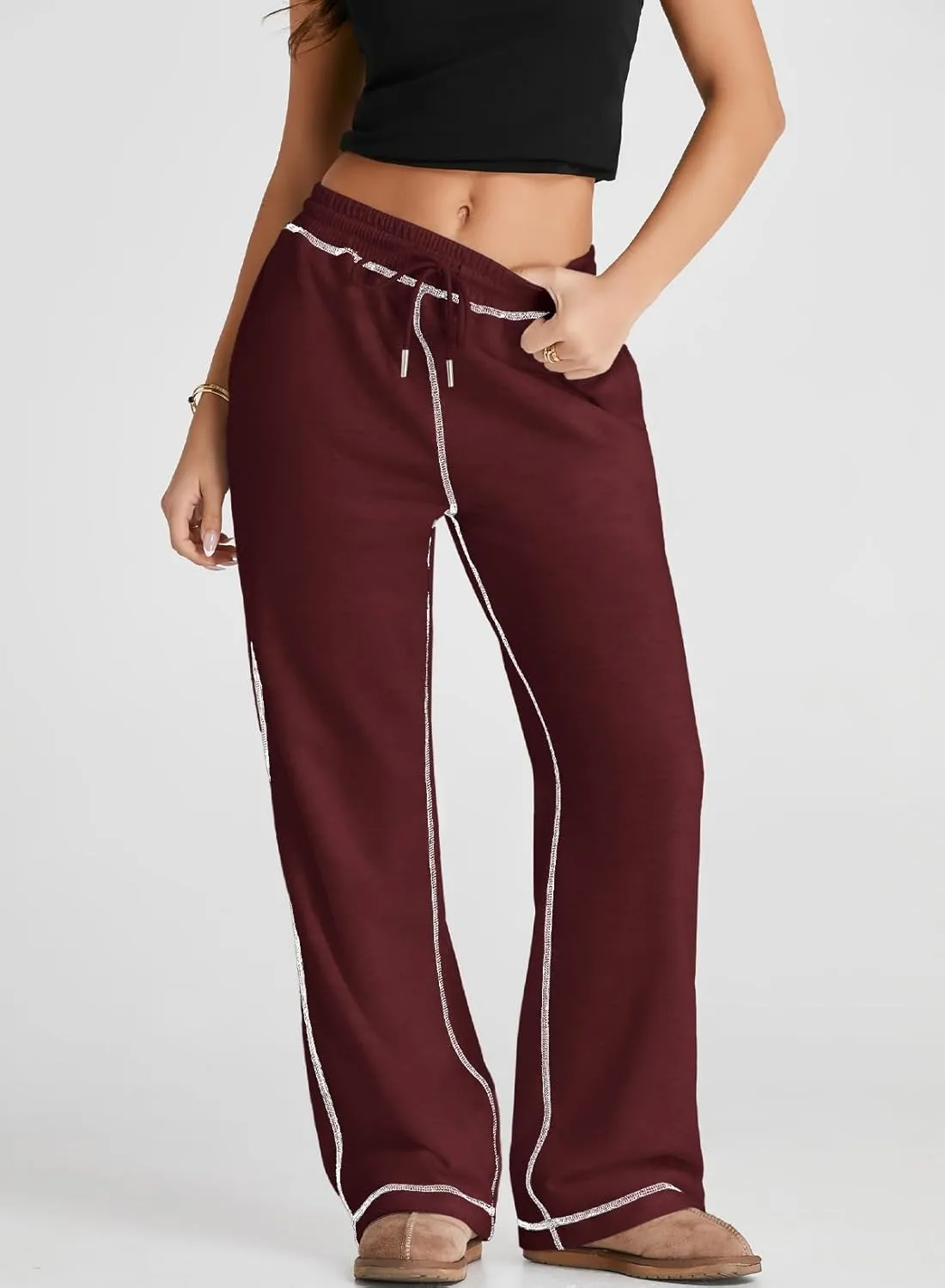 Herseas High Waisted Sweatpants for Women 2024 Fall Wide Leg Contrast Stitching Drawstring Loose Lounge Jogging Pants