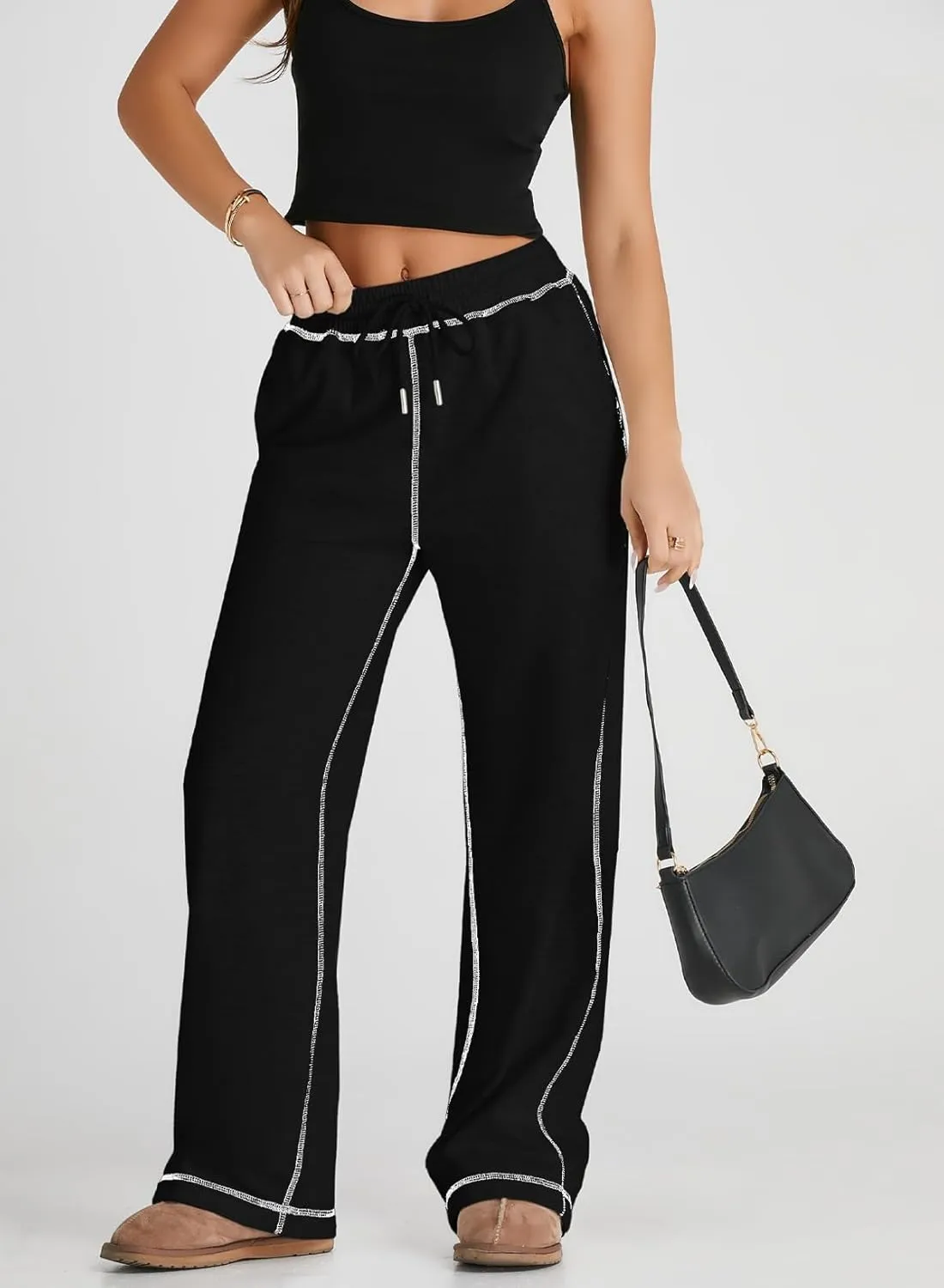 Herseas High Waisted Sweatpants for Women 2024 Fall Wide Leg Contrast Stitching Drawstring Loose Lounge Jogging Pants