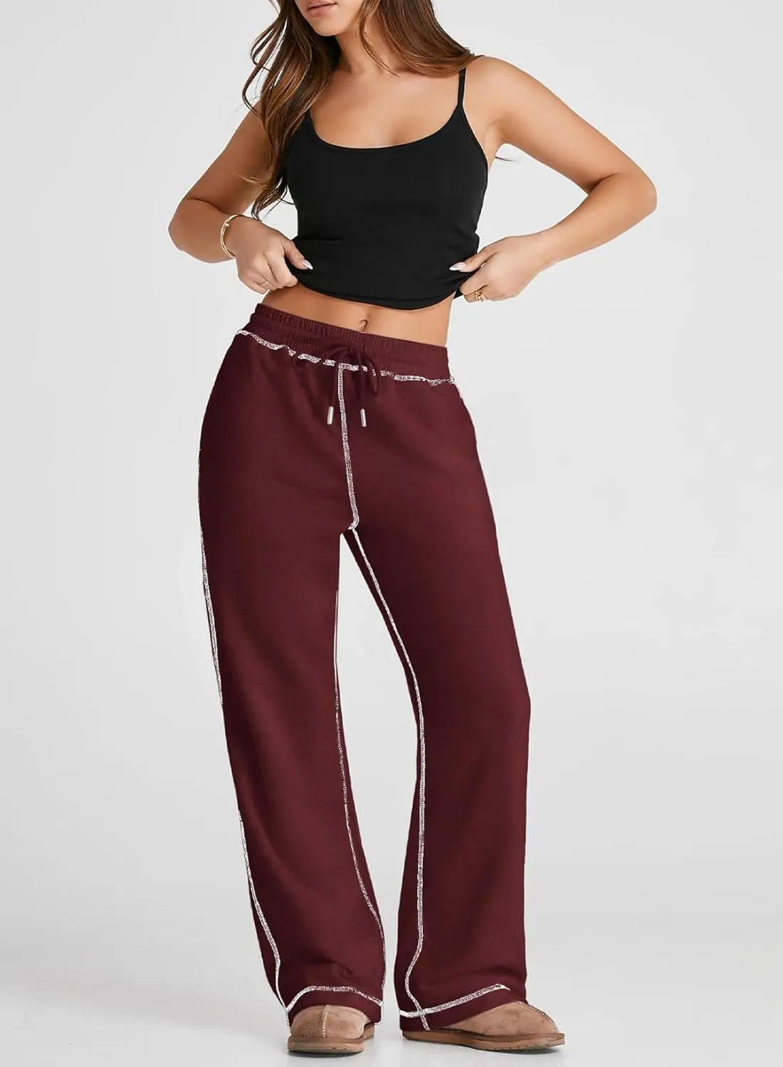 Herseas High Waisted Sweatpants for Women 2024 Fall Wide Leg Contrast Stitching Drawstring Loose Lounge Jogging Pants