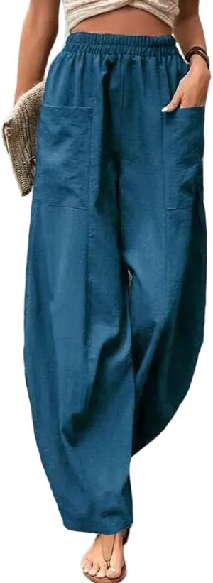 High Waist Relaxed Fit Lantern Trousers Plus Size Cotton Linen Casual Summer Elastic Pants for Women