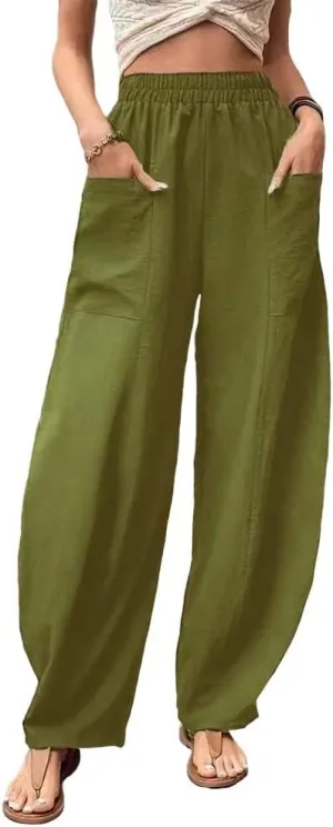 High Waist Relaxed Fit Lantern Trousers Plus Size Cotton Linen Casual Summer Elastic Pants for Women