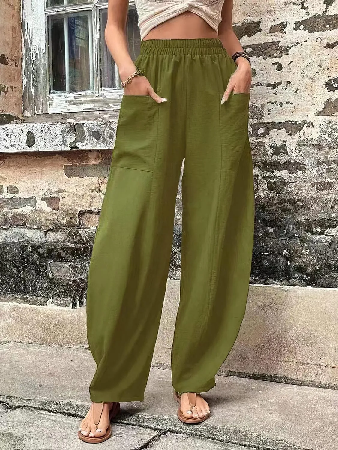 High Waist Relaxed Fit Lantern Trousers Plus Size Cotton Linen Casual Summer Elastic Pants for Women