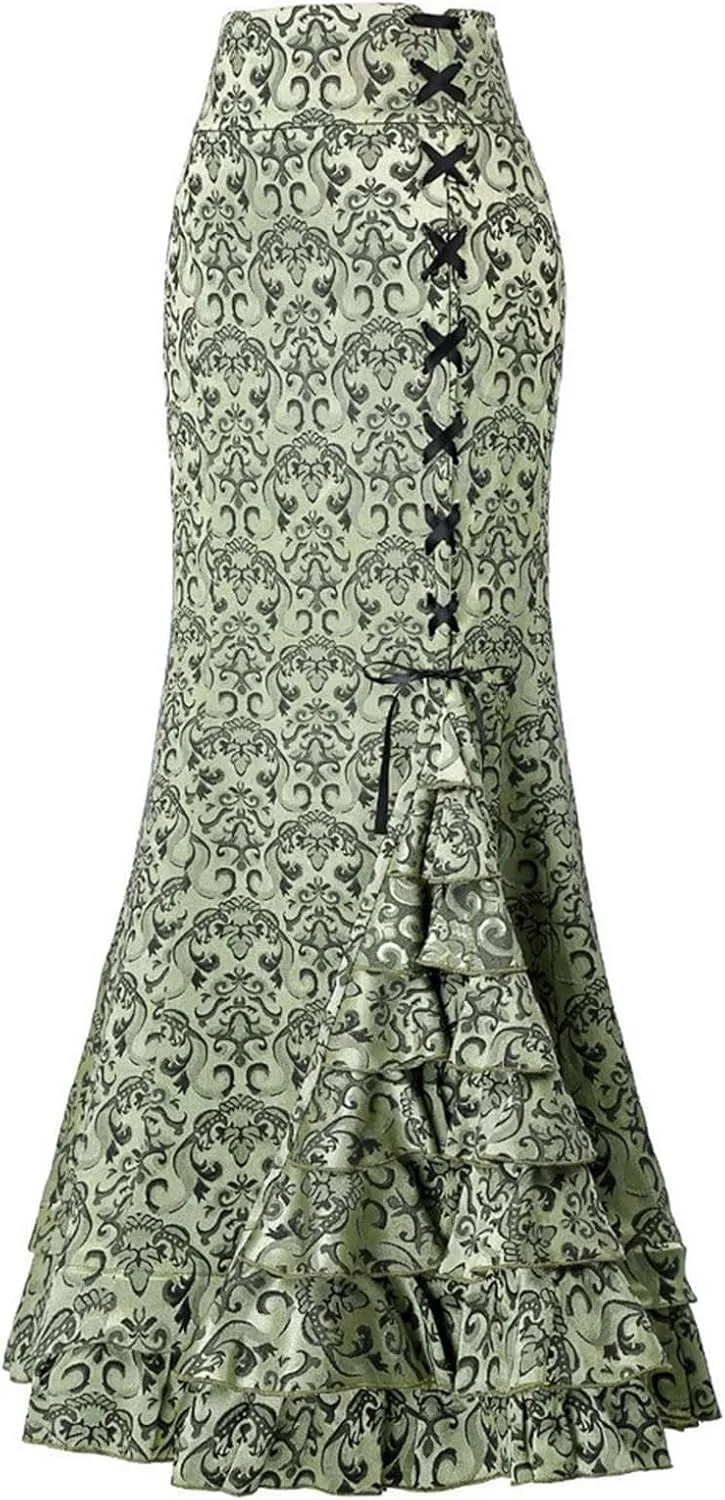 High Waist Vintage Bodycon Long Lace maid Skirt Ruffled Steampunk Skirt Fishtail Evening Party Dress