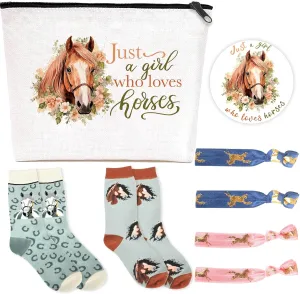 Horse Lovers Gifts, Travel Cosmetic Bags Portable Horse Makeup Zipper Pouch, Cute Horse Socks, Horse Hair Ties & Mini Round Mirror, Valentine's Day, Anniversary, Birthday Gifts for Girls Women