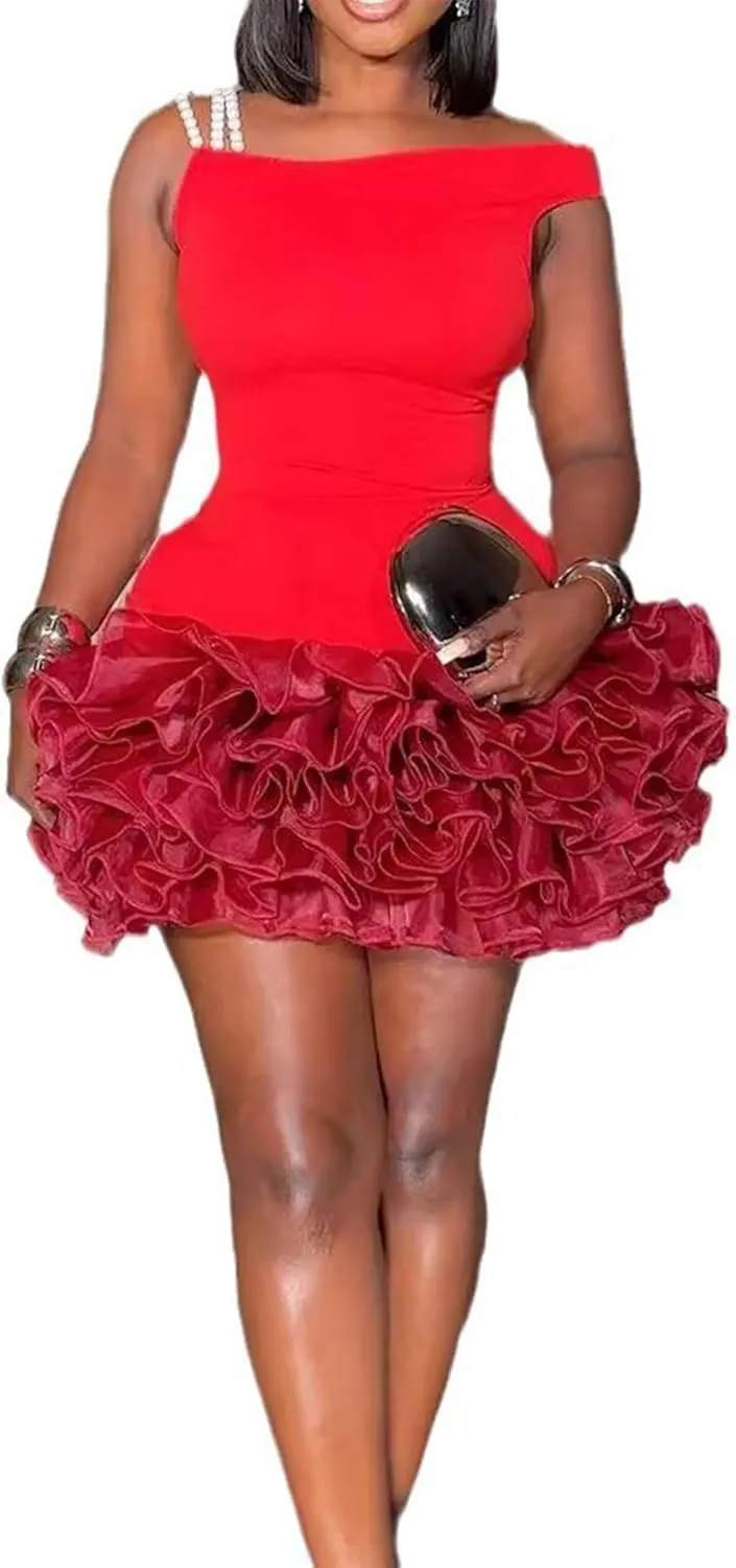 HuiSiFang Women's Halter Dresses Ruched Ruffle Off Shoulder Sleeveless Mini Dress Sexy Club