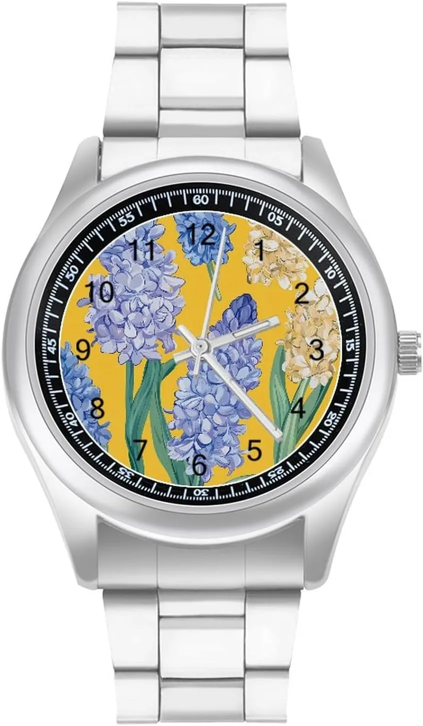 Hyacinth Flowers Yellow Stainless Steel Strap Simple Business Watches for Men Easy Reader Work Casual Watch