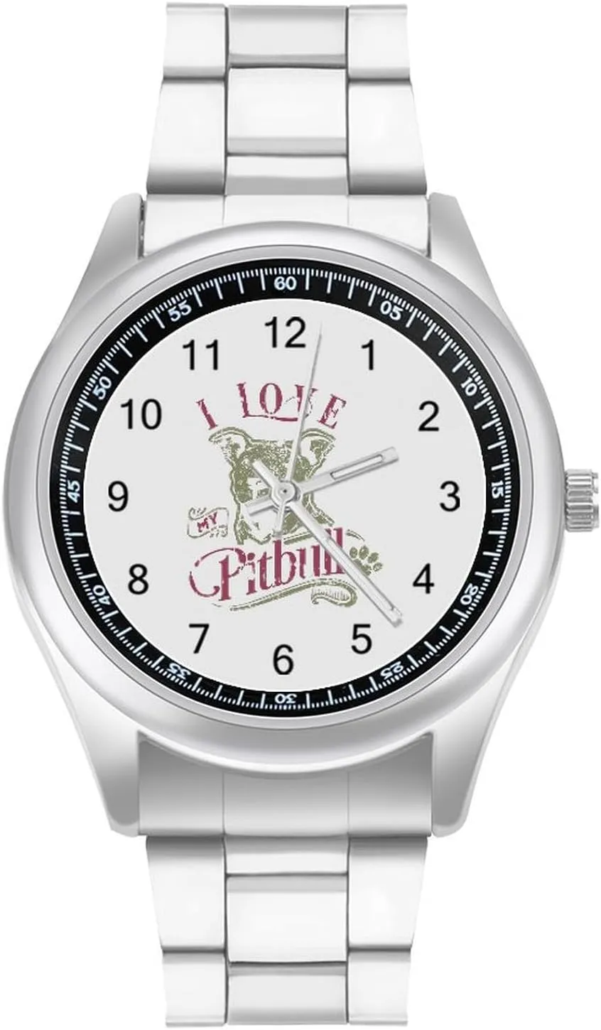 I Love My Pitbull Stainless Steel Strap Simple Business Watches for Men Easy Reader Work Casual Watch