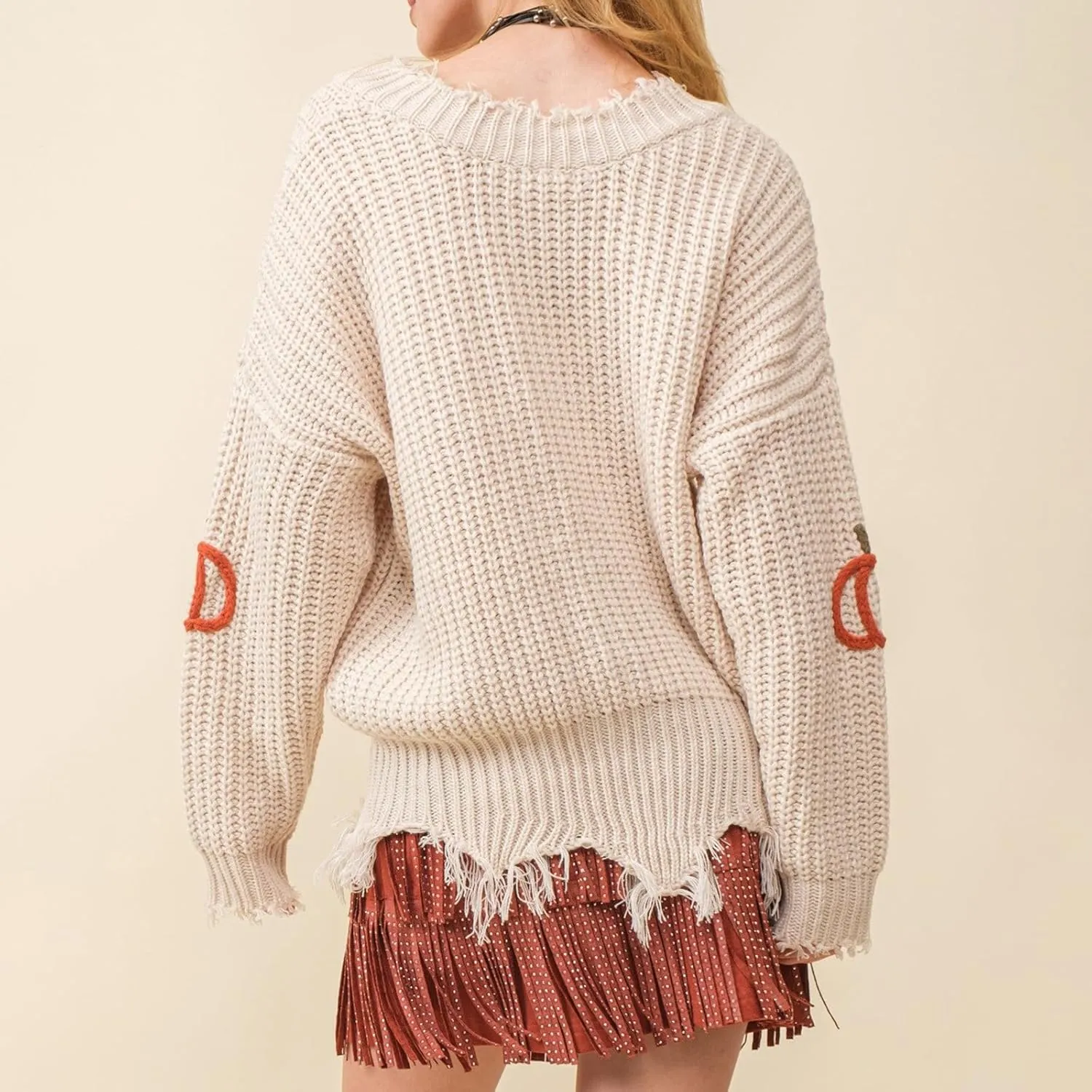ICNGLKSND Women Poncho Sweater Tassel Hem Lightweight Knitwear Off Shoulder V Neck Pumpkin Embroidery Halloween Crochet Top