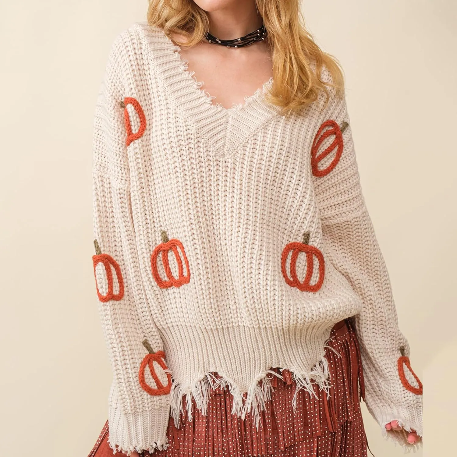 ICNGLKSND Women Poncho Sweater Tassel Hem Lightweight Knitwear Off Shoulder V Neck Pumpkin Embroidery Halloween Crochet Top