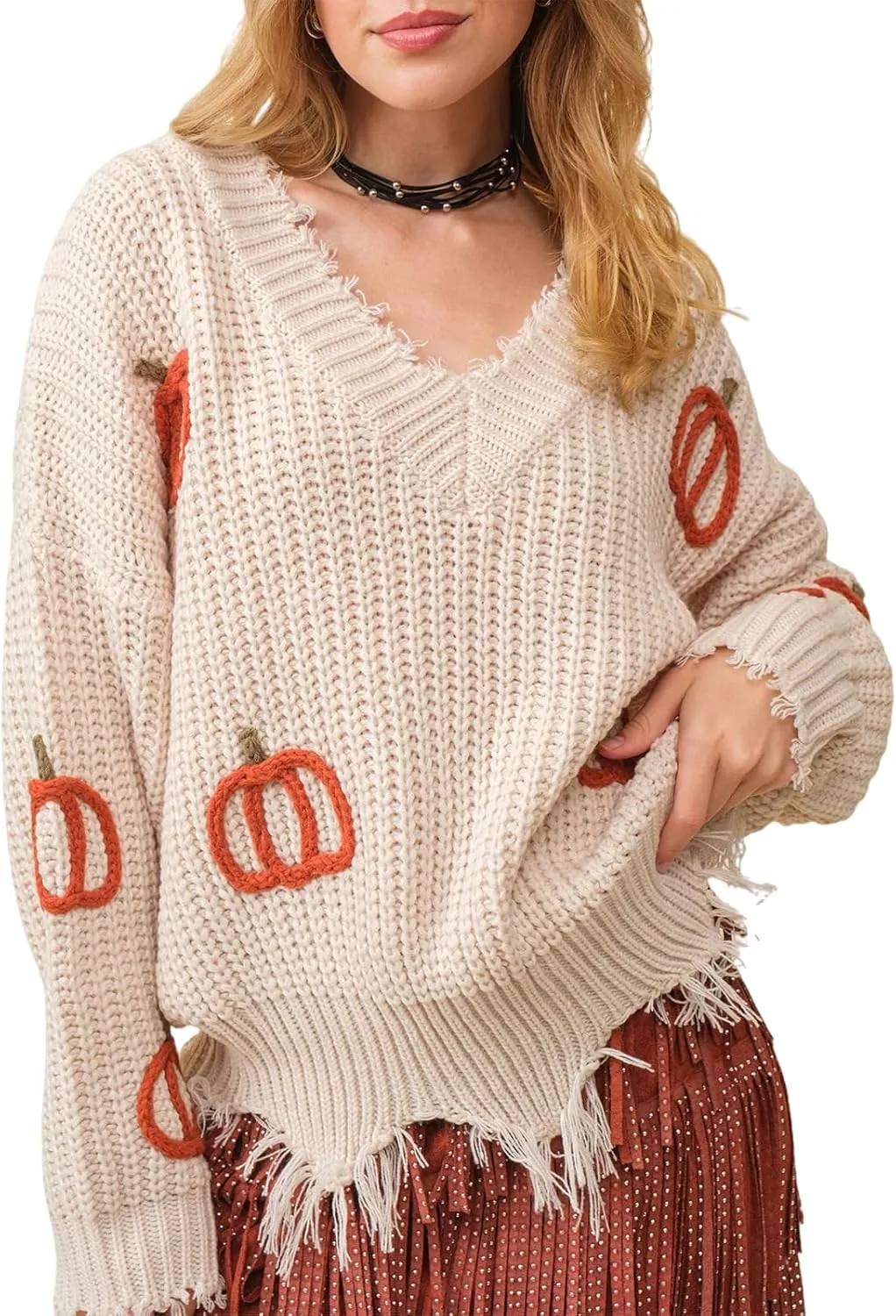 ICNGLKSND Women Poncho Sweater Tassel Hem Lightweight Knitwear Off Shoulder V Neck Pumpkin Embroidery Halloween Crochet Top