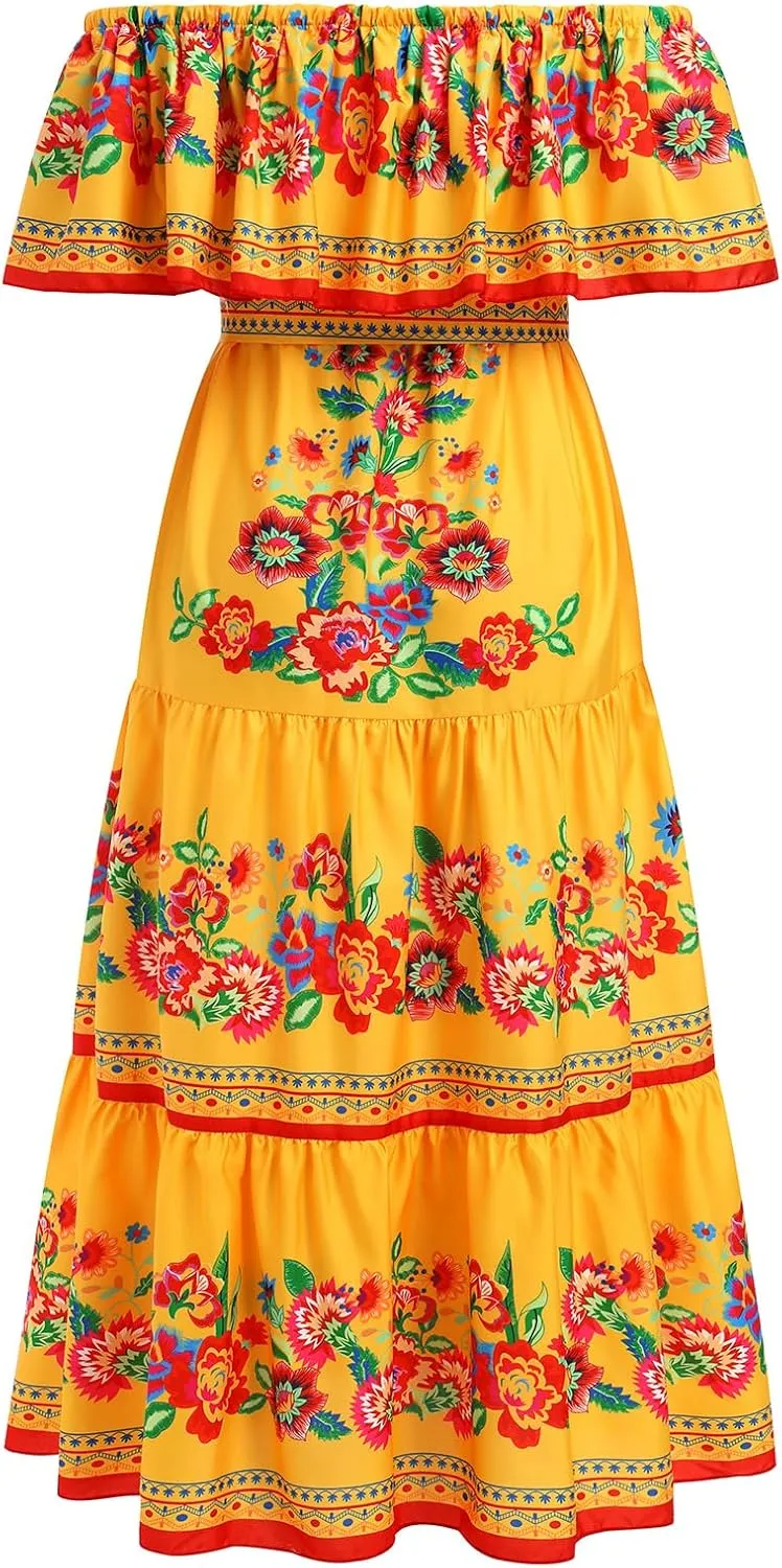 IWEMEK Women's Yellow Mexican Floral Off Shoulder Maxi Dress - Plus Size - Summer Casual - Off-Shoulder, Embroidered Floral