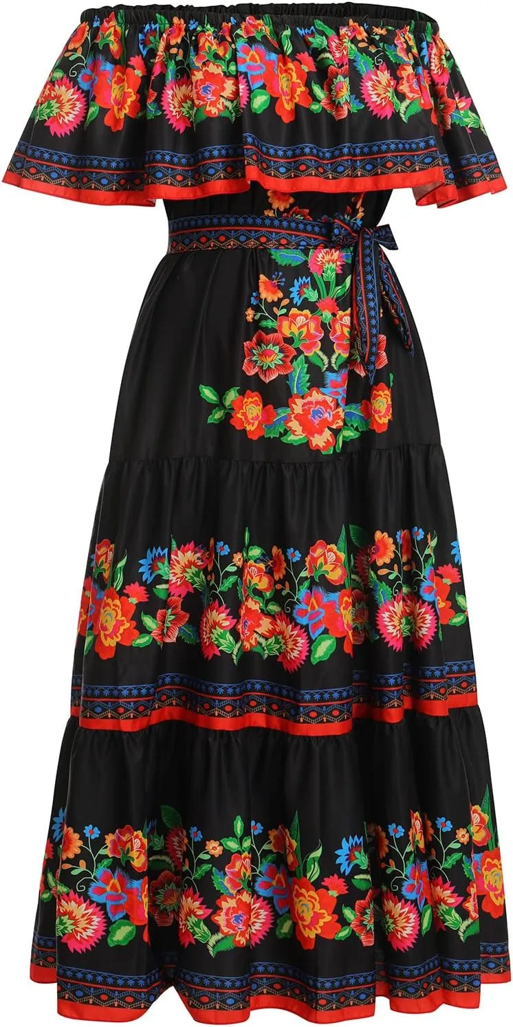 IWEMEK Women's Yellow Mexican Floral Off Shoulder Maxi Dress - Plus Size - Summer Casual - Off-Shoulder, Embroidered Floral