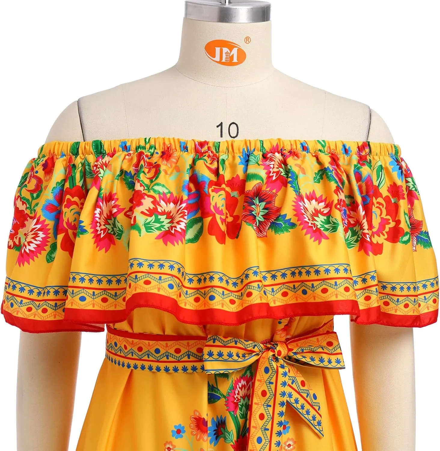 IWEMEK Women's Yellow Mexican Floral Off Shoulder Maxi Dress - Plus Size - Summer Casual - Off-Shoulder, Embroidered Floral