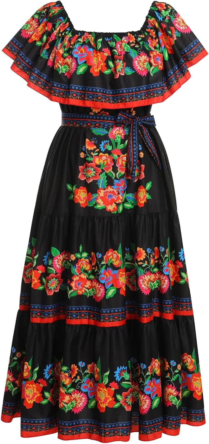 IWEMEK Women's Yellow Mexican Floral Off Shoulder Maxi Dress - Plus Size - Summer Casual - Off-Shoulder, Embroidered Floral
