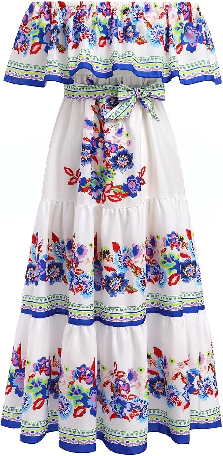 IWEMEK Women's Yellow Mexican Floral Off Shoulder Maxi Dress - Plus Size - Summer Casual - Off-Shoulder, Embroidered Floral