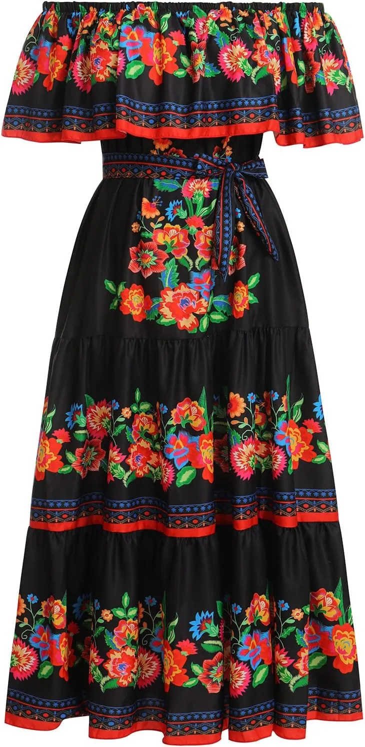 IWEMEK Women's Yellow Mexican Floral Off Shoulder Maxi Dress - Plus Size - Summer Casual - Off-Shoulder, Embroidered Floral