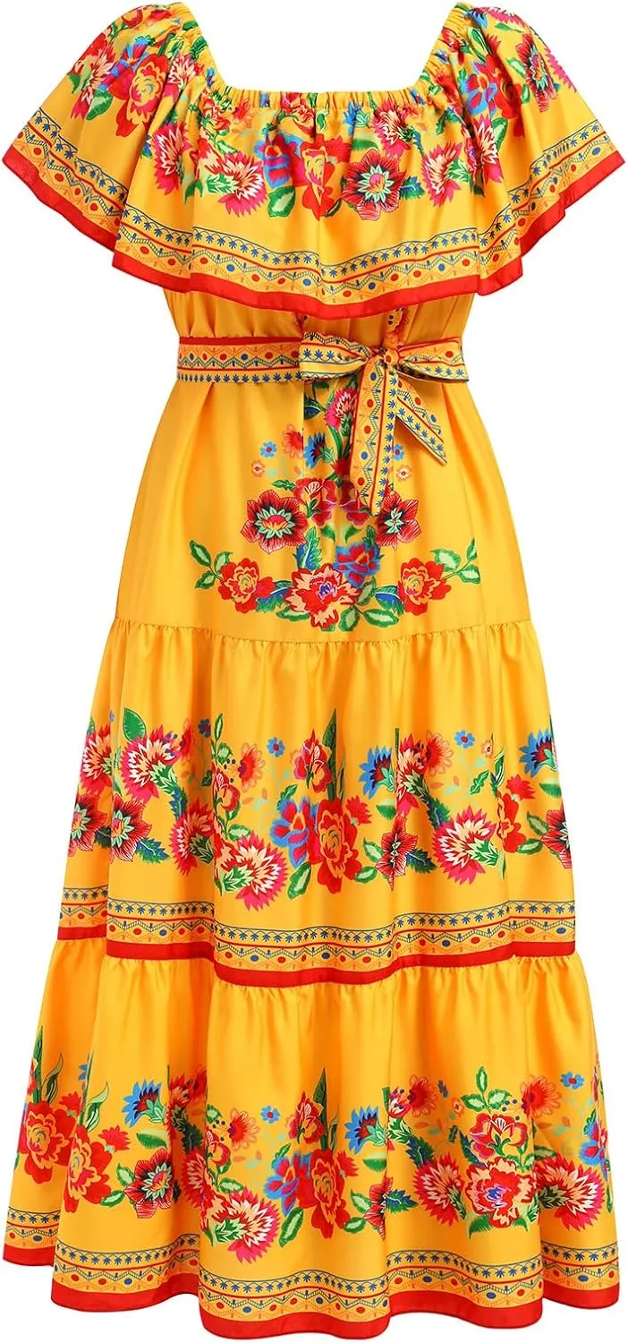 IWEMEK Women's Yellow Mexican Floral Off Shoulder Maxi Dress - Plus Size - Summer Casual - Off-Shoulder, Embroidered Floral