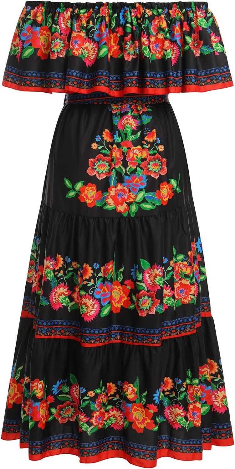 IWEMEK Women's Yellow Mexican Floral Off Shoulder Maxi Dress - Plus Size - Summer Casual - Off-Shoulder, Embroidered Floral