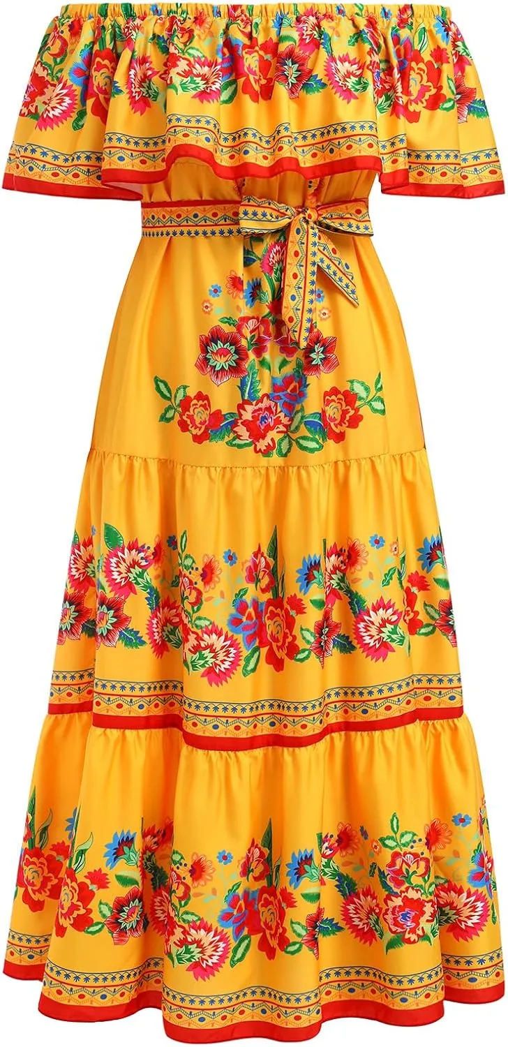IWEMEK Women's Yellow Mexican Floral Off Shoulder Maxi Dress - Plus Size - Summer Casual - Off-Shoulder, Embroidered Floral