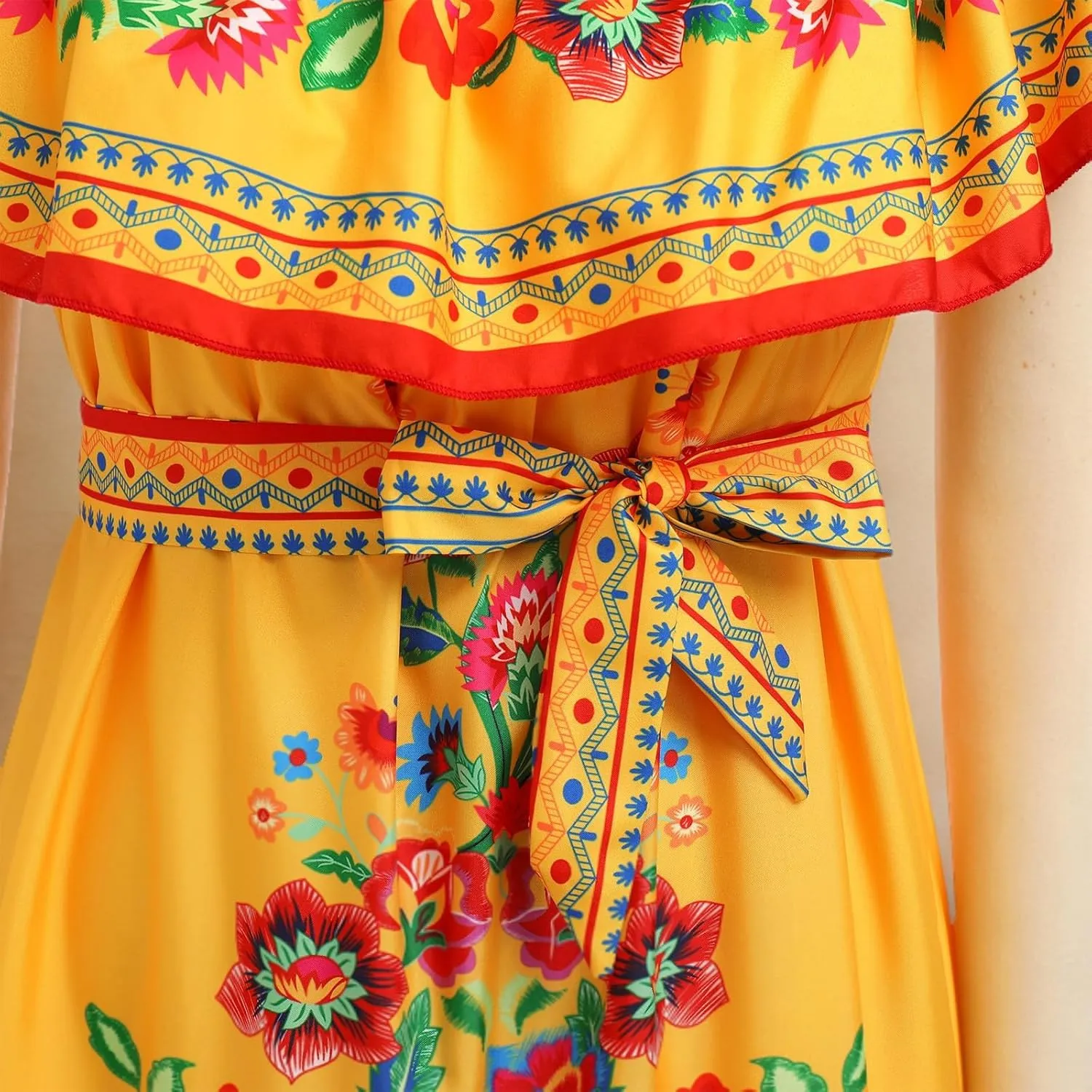 IWEMEK Women's Yellow Mexican Floral Off Shoulder Maxi Dress - Plus Size - Summer Casual - Off-Shoulder, Embroidered Floral