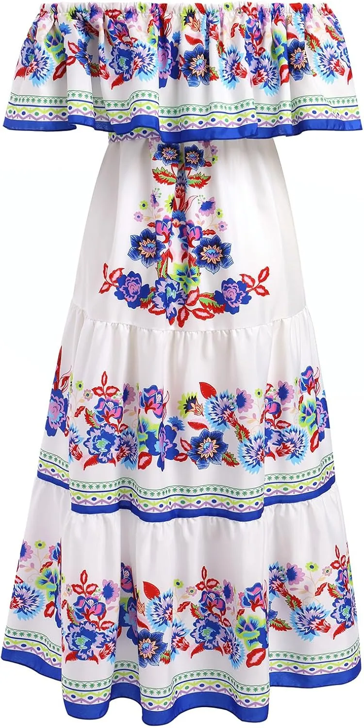 IWEMEK Women's Yellow Mexican Floral Off Shoulder Maxi Dress - Plus Size - Summer Casual - Off-Shoulder, Embroidered Floral