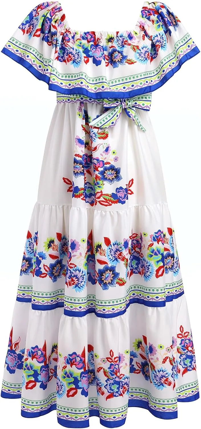 IWEMEK Women's Yellow Mexican Floral Off Shoulder Maxi Dress - Plus Size - Summer Casual - Off-Shoulder, Embroidered Floral