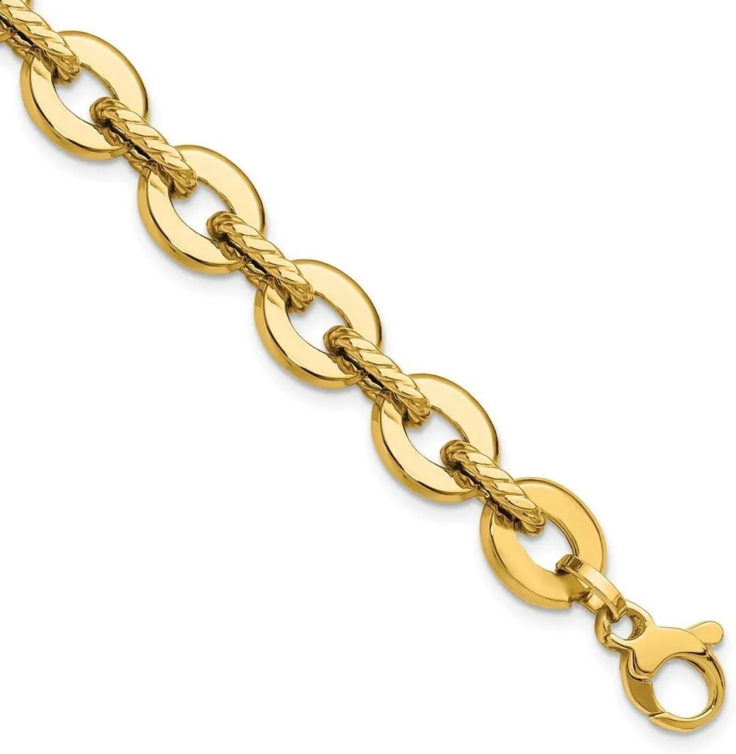 JewelryWeb 14k Solid Yellow Gold Polished and Grooved Fancy Link Bracelet 7.5 Inch-Link-Bracelet for Women