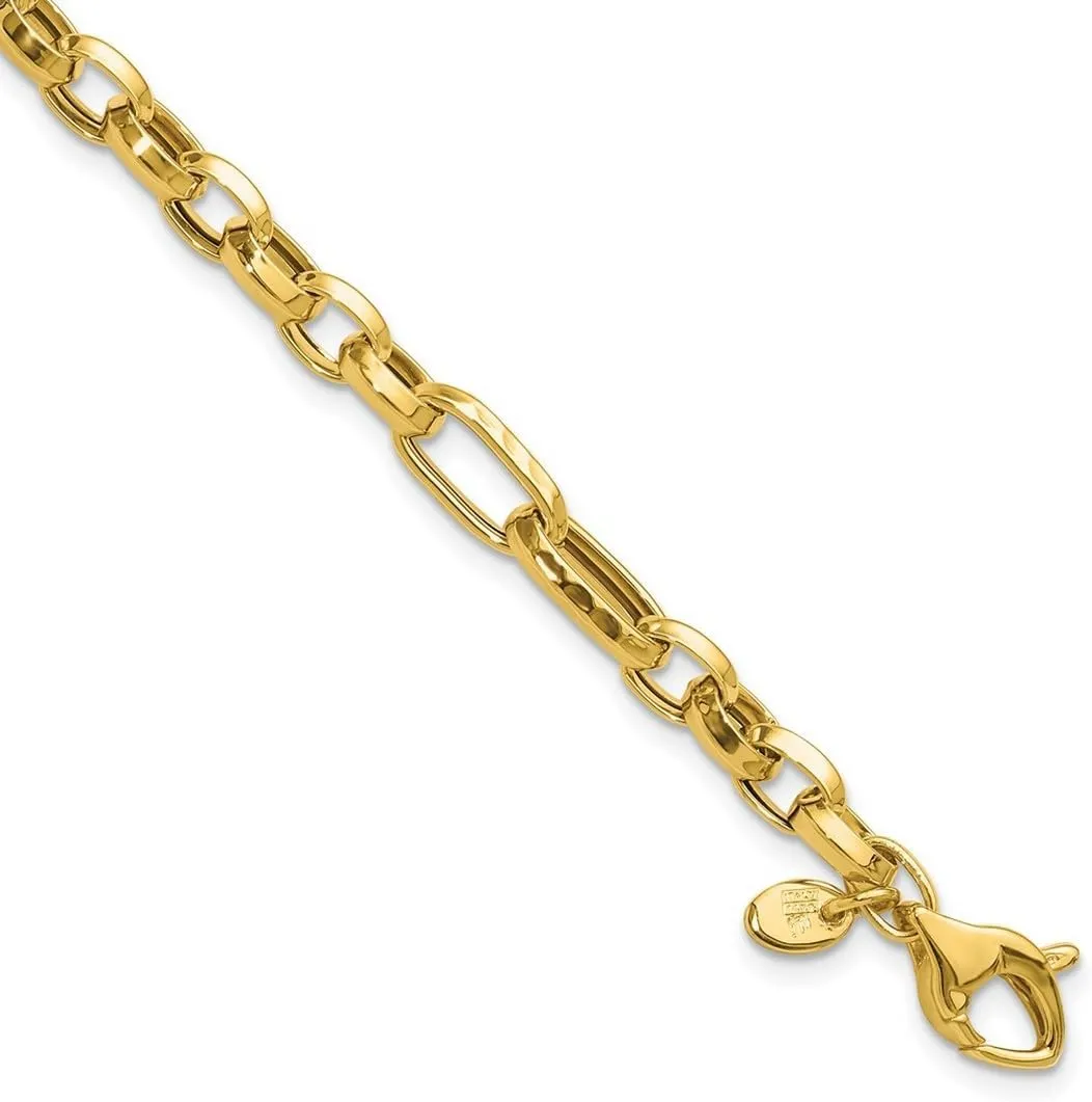 JewelryWeb 14k Solid Yellow Gold Polished and Hammered Fancy Link Bracelet 7.5 Inch-Link-Bracelet for Women
