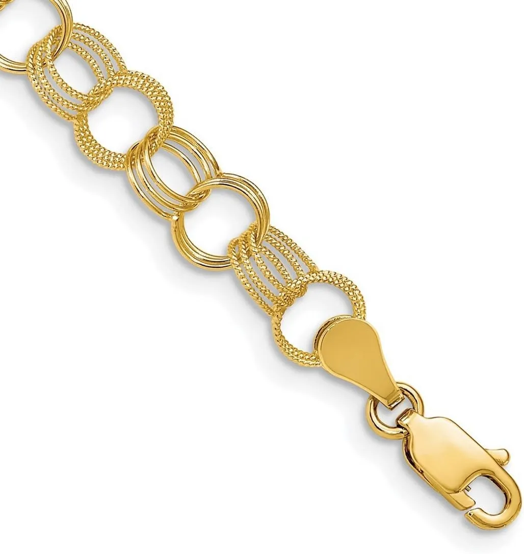 JewelryWeb 14k Yellow Gold Solid Triple Link Charm Bracelet Lobster Claw-Link-Charm-Bracelet for Women