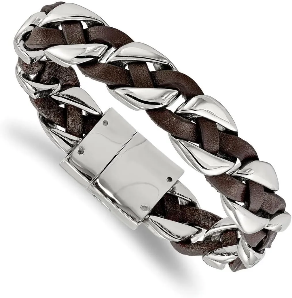 JewelryWeb 3mm Stainless Steel Polished With Brown Leather Braided Bracelet 8.5 Inch Link-Bracelet for Women