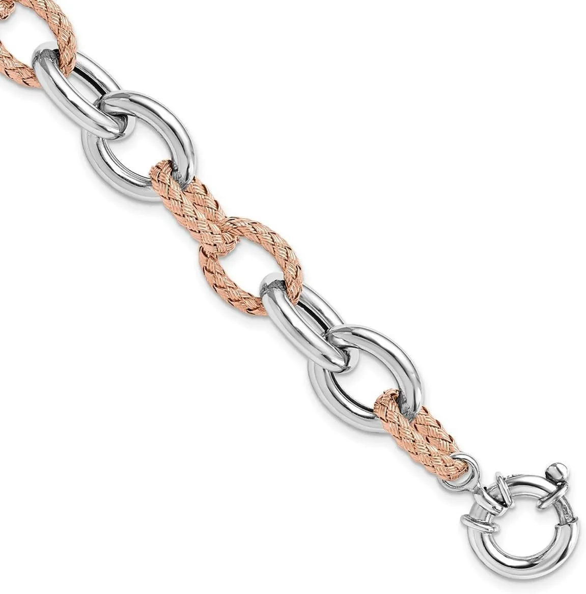 JewelryWeb 925 Sterling Silver Spring-Ring Rose tone Polished and Woven Link Bracelet 7.5 Inch-Link-Bracelet for Women