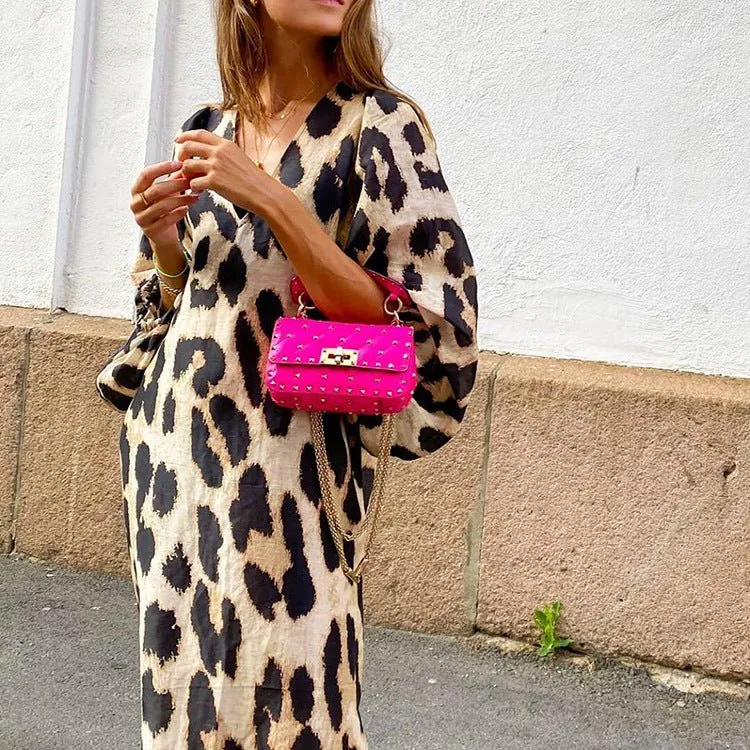 Jil V-neck Loose Lantern Sleeve Leopard Print Dress