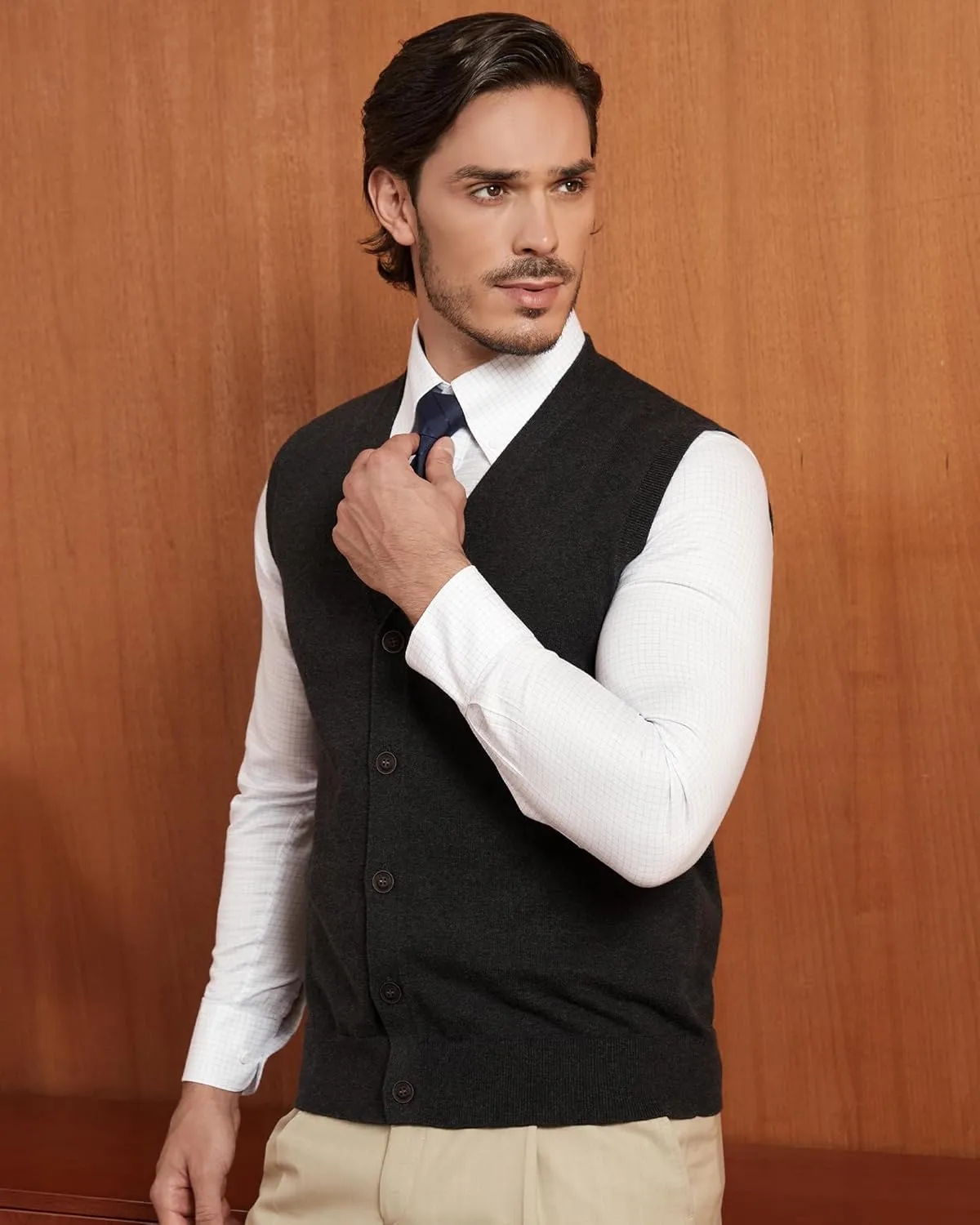 Kallspin Mens Button Down Sweater Vest Lightweight Knitted Pure Cotton V-Neck Sleeveless Cardigans