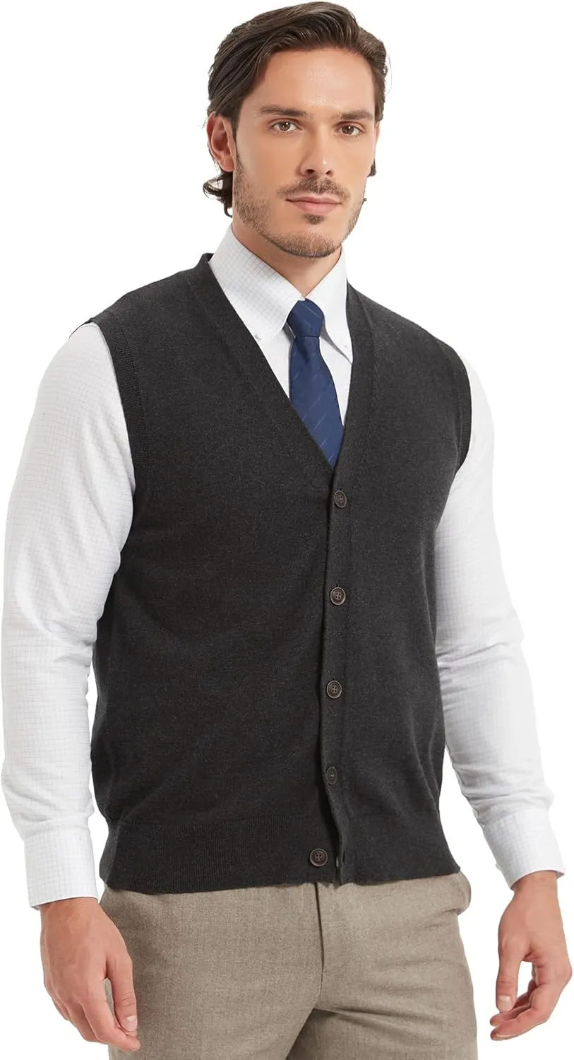 Kallspin Mens Button Down Sweater Vest Lightweight Knitted Pure Cotton V-Neck Sleeveless Cardigans